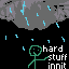 a bad pixel art drawing of a green stick figure beneath a cloudy sky with some blue rain. white text, very big, syas hard stuff innit
