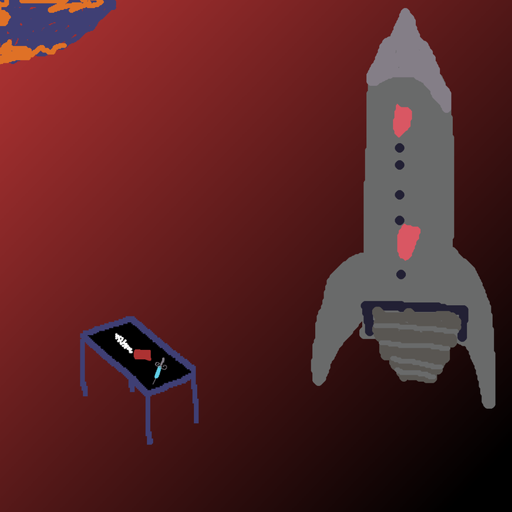 pixel art image of drugs on a table and a rocket about to take off into a red sky